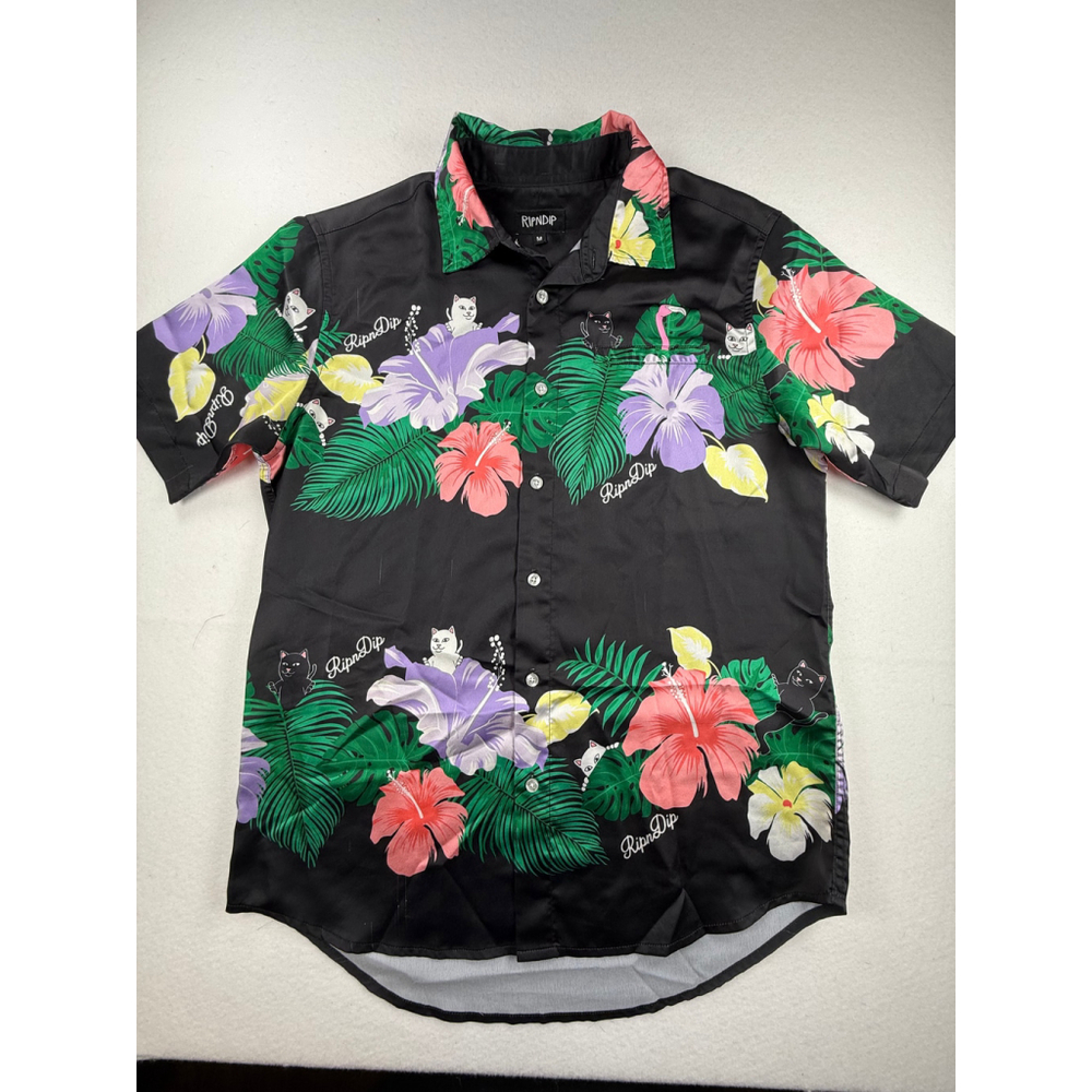 RipNDip Men’s Floral Cat Button-Up Shirt Medium Black Tropical Print